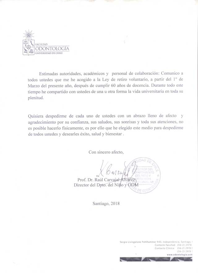 Carta de Dr. Raúl Carvajal a la comunidad odontológica